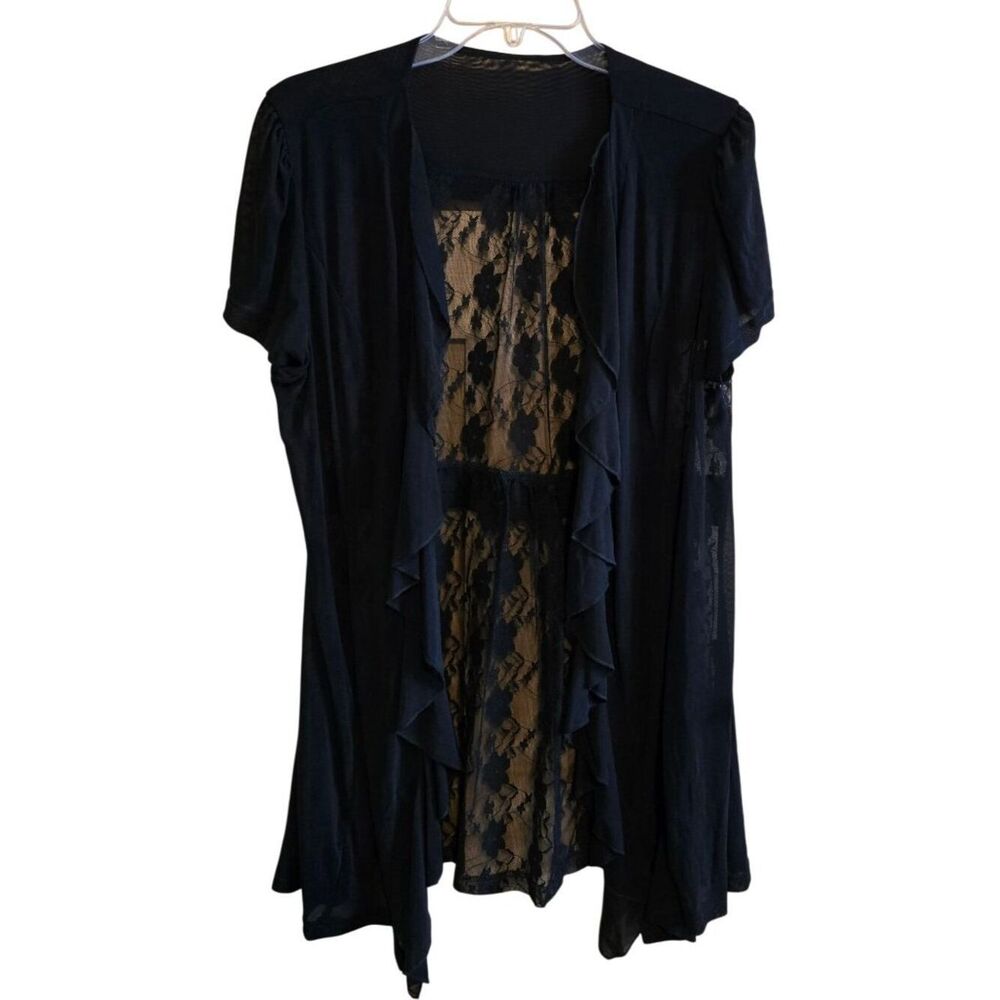 Black Ruffled Cardigan With Sheer Lace Back Short Sleeve Design whimsygoth